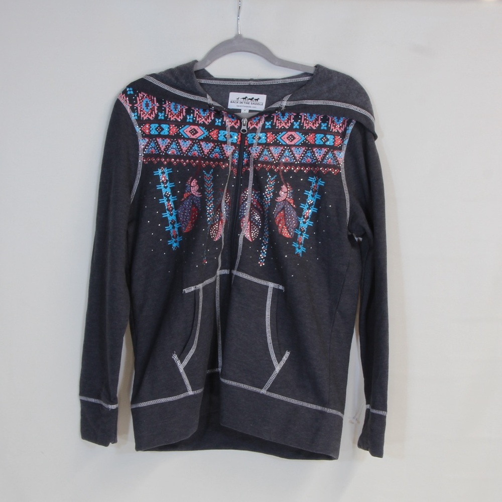 Back in the Saddle Embellished Gray Blue & Pink Aztec Print Zip-Up Hoodie NWOT